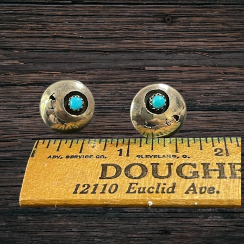 Vintage Native American Sterling Silver Turquoise Shadow Box Earrings - Picture 7 of 7
